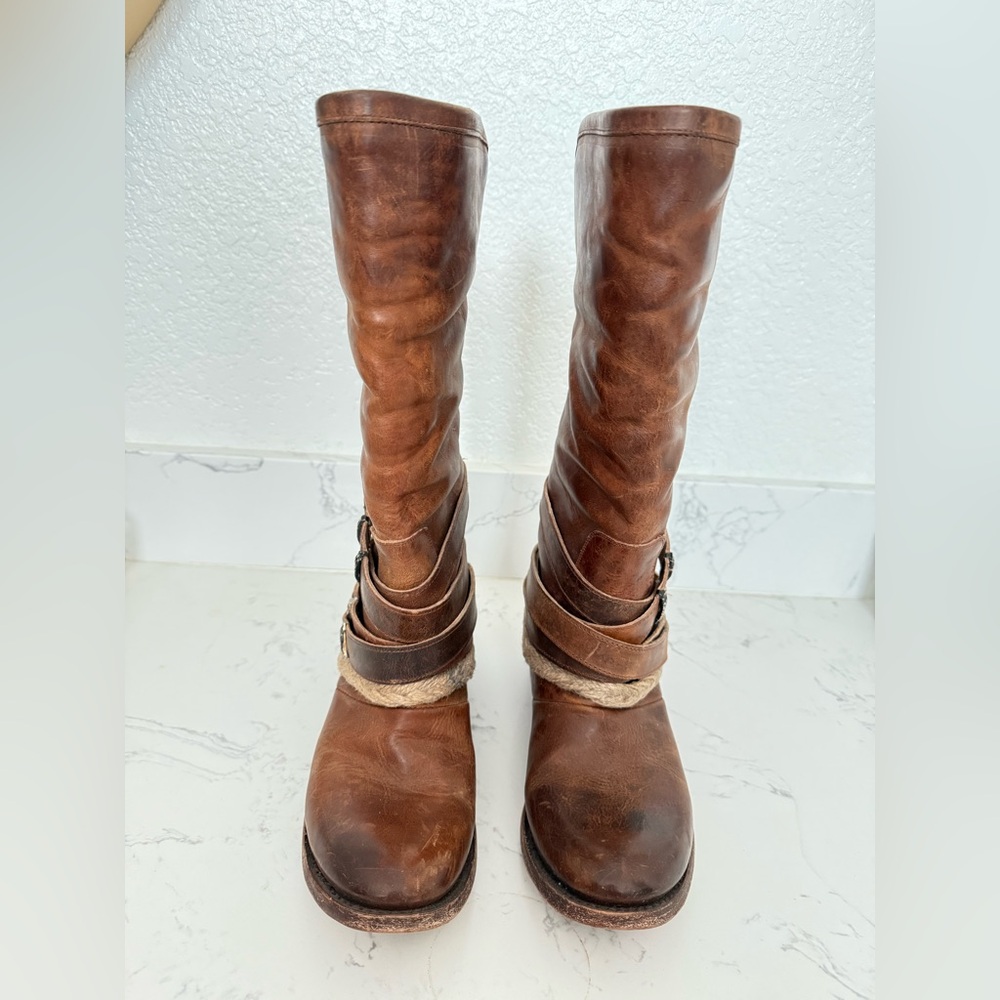 freebird Brown Leather Mid-Calf Heeled Boots